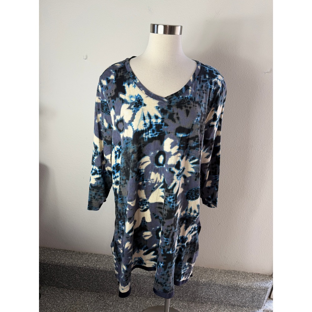 LOGO Lori Goldstein Womens Plus 2X Blue White Abstract Tunic Top Pockets
